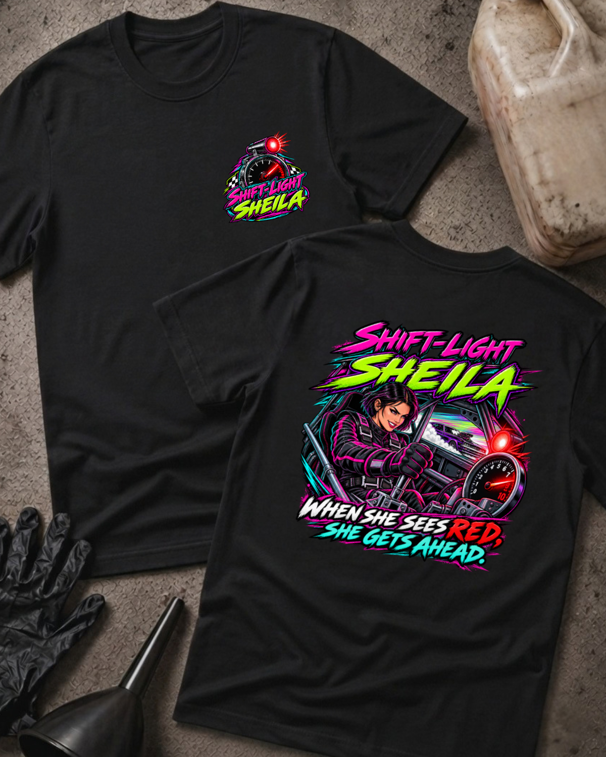 Black Shift-Light Sheila T-shirt, front and back views: small chest tachometer emblem and large neon woman driver graphic with red shift light and “When she sees red, she gets ahead.”