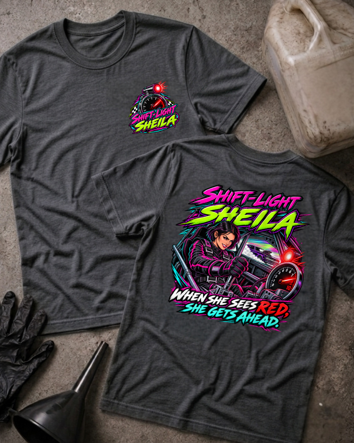 Dark grey heather Shift-Light Sheila T-shirt, front and back: small chest tachometer emblem and neon woman driver graphic with red shift light and “When she sees red, she gets ahead.”