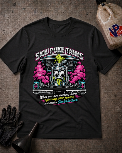 Sick Puke Tank Tee — Drag Racing Chaos Shirt for Trackside Trash Talkers
