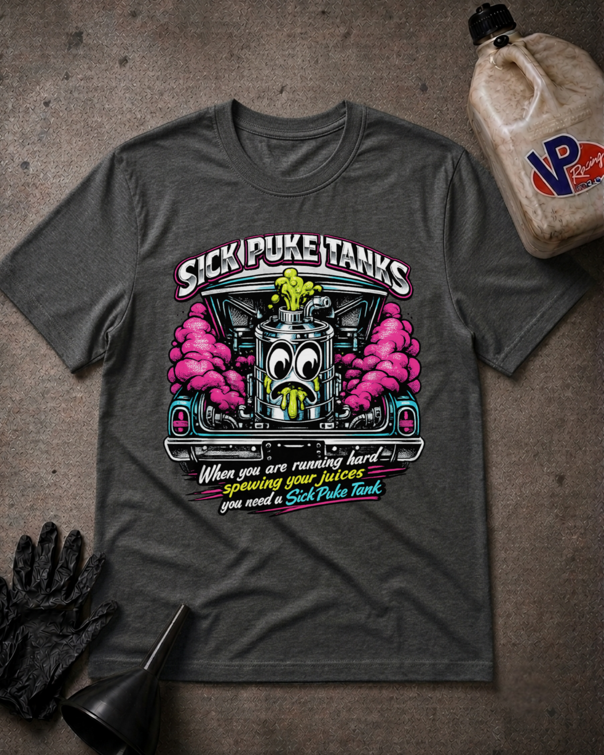 Sick Puke Tank Tee — Drag Racing Chaos Shirt for Trackside Trash Talkers