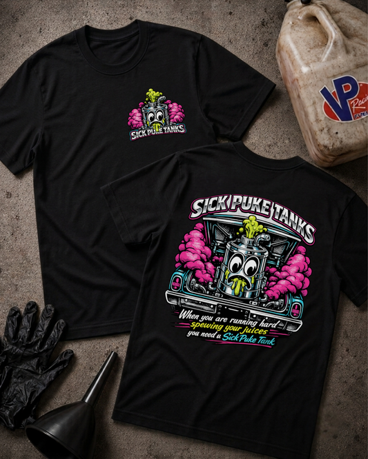 Two black graphic T-shirts laid flat on a textured gray surface, showing the front and back designs. The shirts feature a cartoon tank character with pink smoke, green eyes, and the text 'SICK PUKE TANKS' and a slogan below.