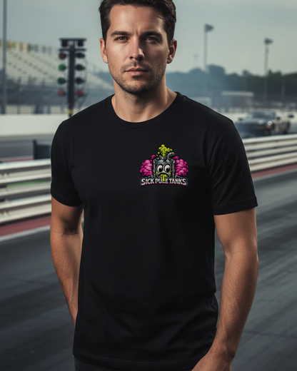 Man wearing a black t-shirt with a colorful 'Sick Puke Tanks' logo standing on a drag strip