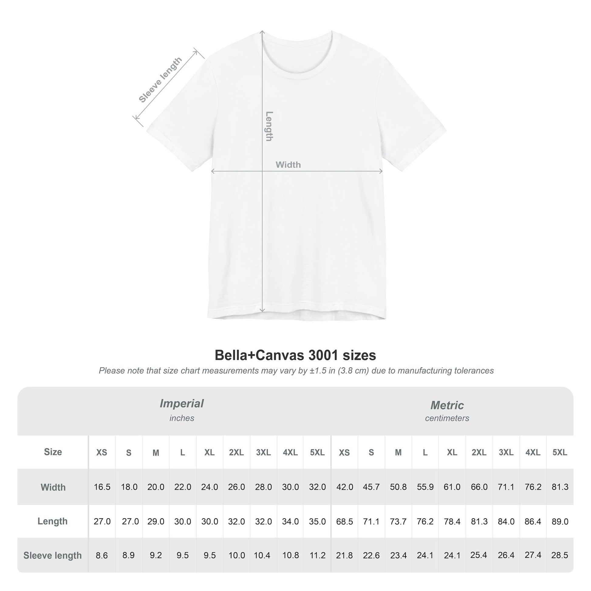 Bella+Canvas 3001 t-shirt size chart showing width and length measurements for McFartman Racing drag racing apparel.