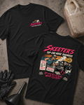 Front and back of Skeeter’s Top-End Noise Diagnosis black T-shirt with chest logo, mechanic examining a smoking muscle car engine, and “If it’s knockin’, quit talkin’” slogan.