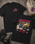 Two black graphic T-shirts laid flat on a textured gray surface, with automotive-themed printed artwork and the text 'SKEETER'S TOP-END NOISE DIAGNOSIS.' One shirt shows a small chest logo, and the other shows a large back graphic with an race illustration and the phrase 'If it's knocking, quit talking'.