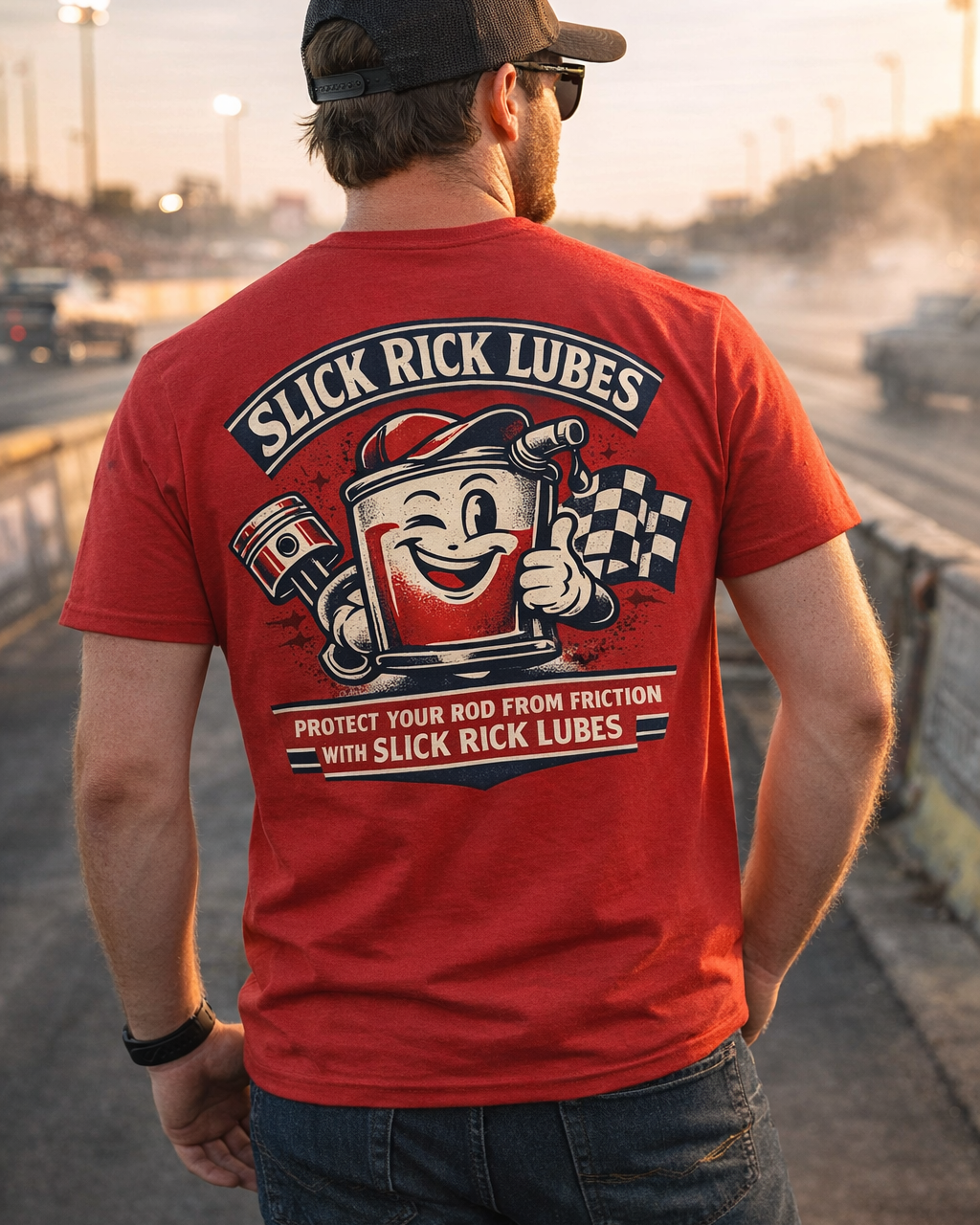 Person wearing a red 'Slick Rick Lubes' t-shirt on a drag strip with cars in the background.