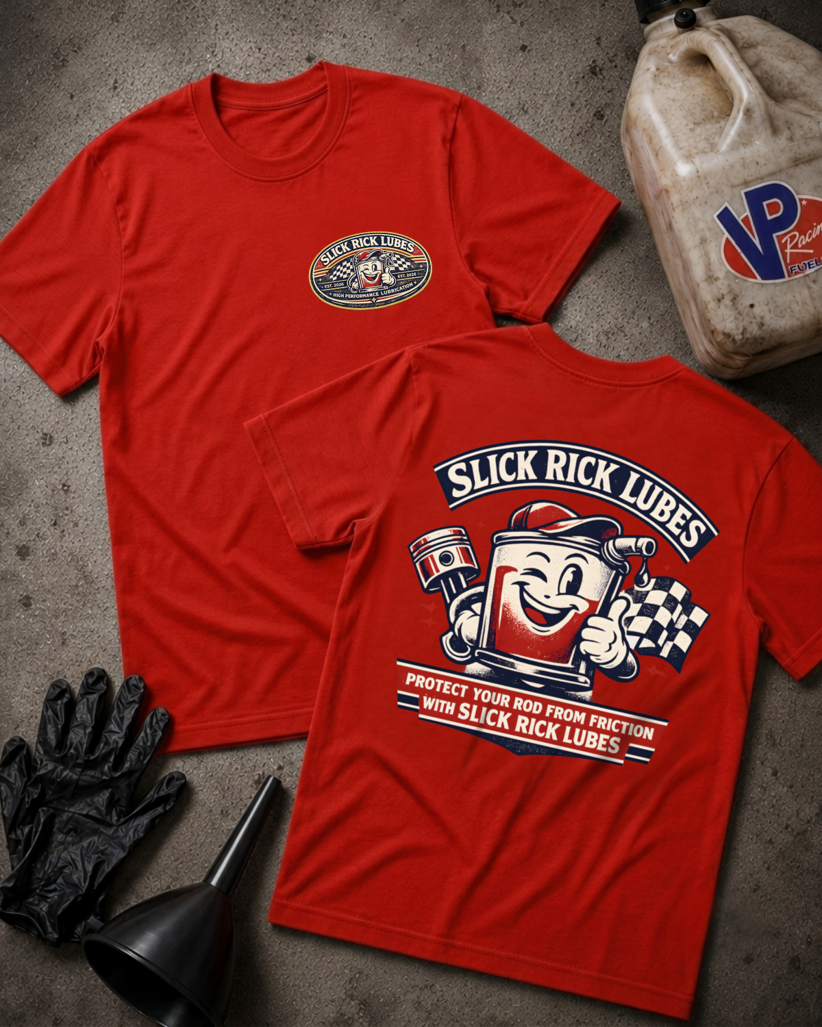 Two red graphic T-shirts laid flat on a gray concrete-like surface, with a black funnel, black gloves, and a worn plastic jug around them. The front shirt shows a small oval Slick Rick Lubes logo on the left chest, and the back shirt shows a large colorful Slick Rick Lubes pump graphic with text.