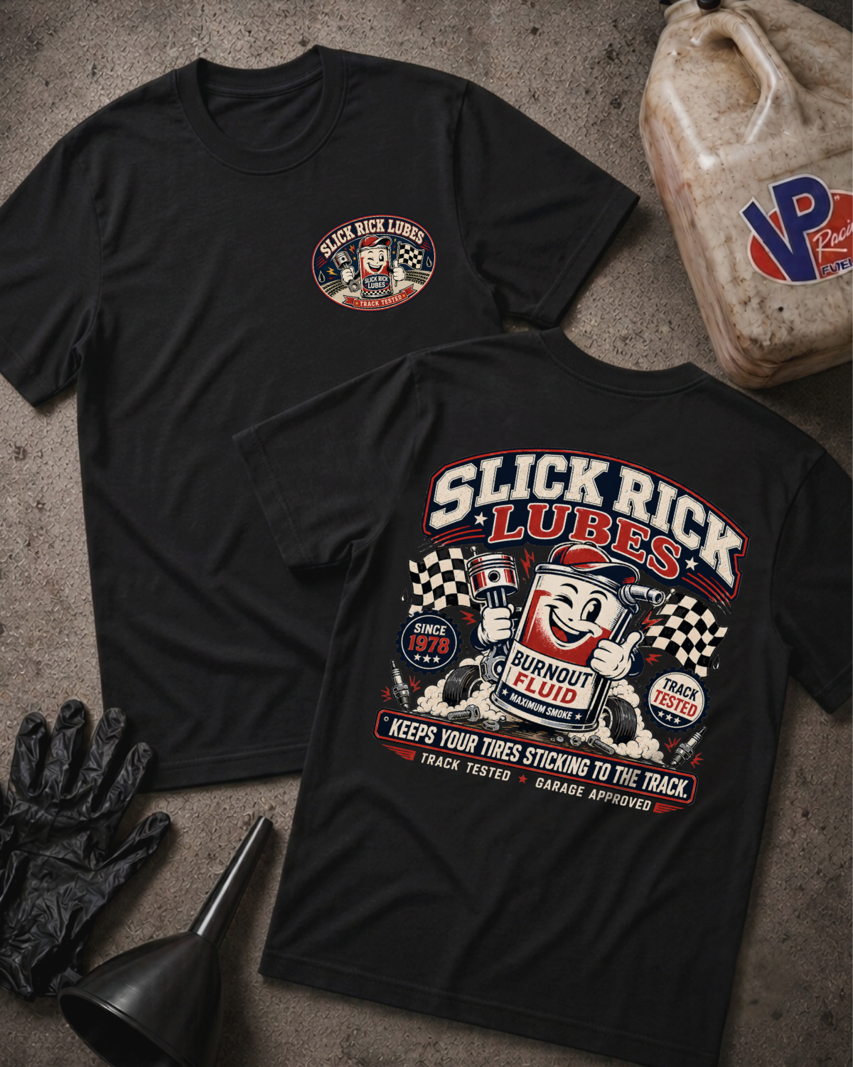 Two black graphic T-shirts laid flat on a textured gray surface, showing the front and back designs. The shirts feature a circular 'Slick Rick Lubes' logo on the front chest and a large retro-style 'Slick Rick Lubes' graphic on the back.