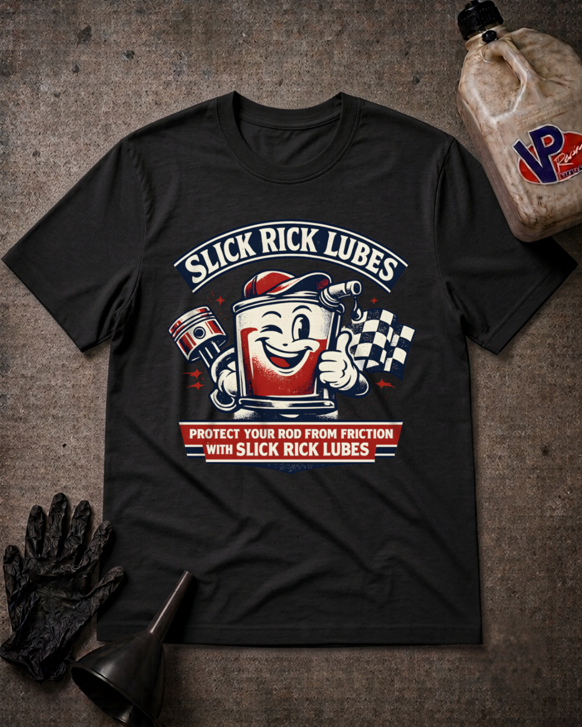 A black graphic t-shirt featuring a retro-style oil can mascot and the text 'SLICK RICK LUBES' and 'PROTECT YOUR ROD FROM FRICTION WITH SLICK RICK LUBES', laid flat on a textured gray background with a bottle, gloves, and funnel as props.