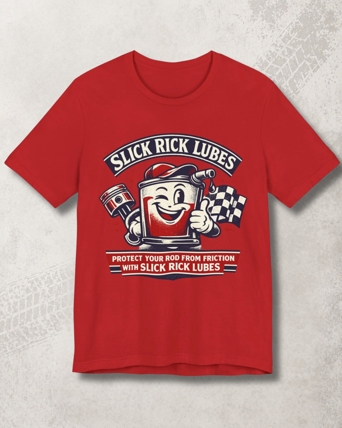Red t-shirt with a graphic design and 'Slick Rick Lubes Protect Your Rod From Friction With Slick Rick Lubes' text