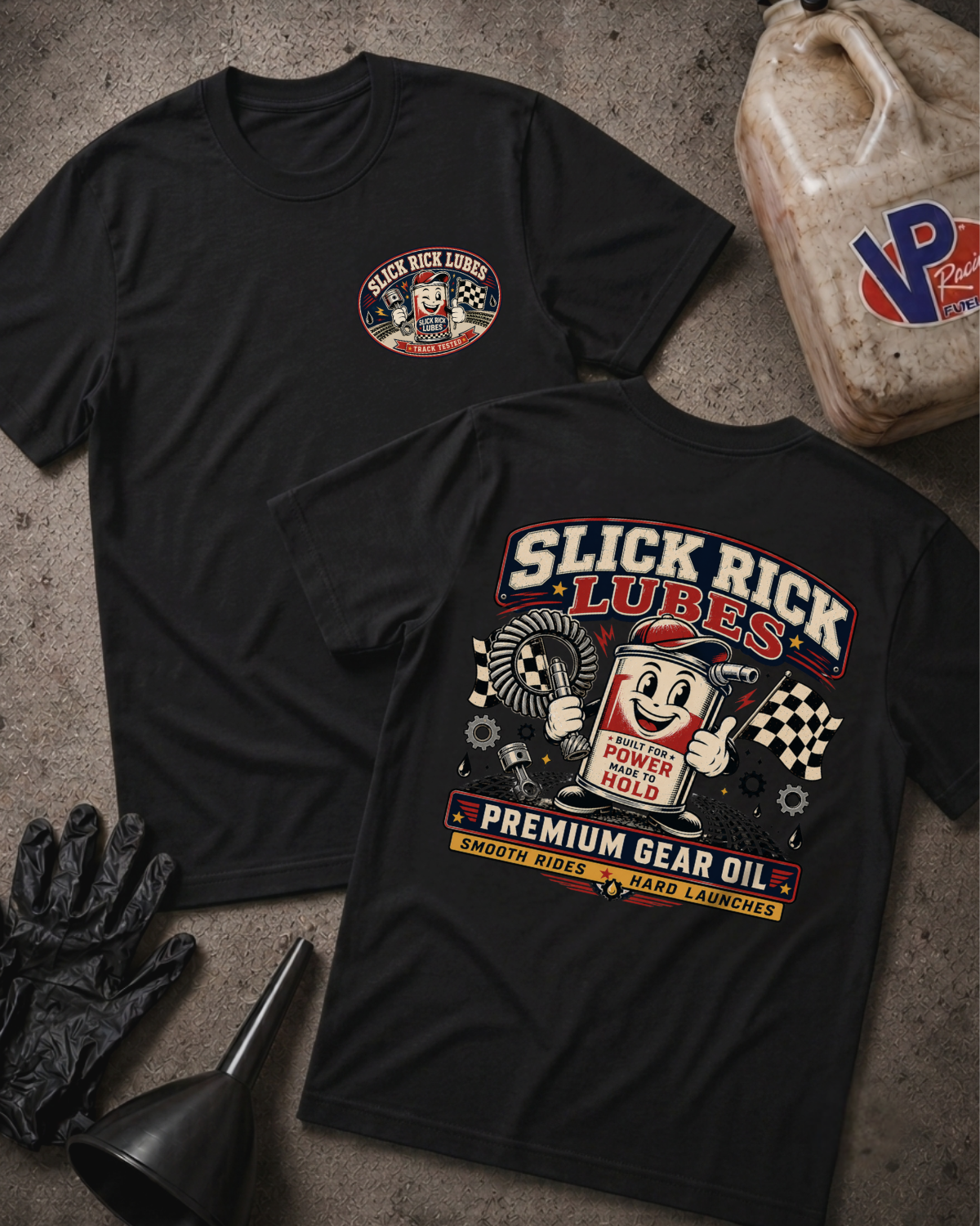 Two black graphic T-shirts laid flat on a textured gray surface, with automotive-themed props including a plastic jug, gloves, funnel, and brush. The front shirt shows a small circular chest logo, and the back shirt shows a large retro-style 'Slick Rick Lubes' graphic with illustrated characters and text.