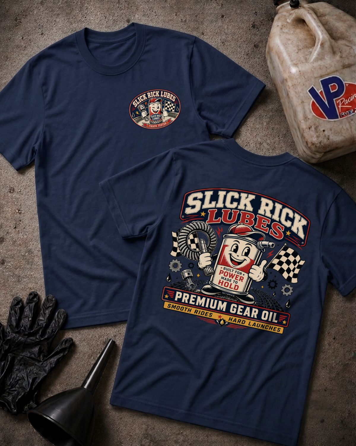 Two navy blue t-shirts displayed flat on a textured concrete surface, showing the front and back designs. The front features a small circular 'Slick Rick Lubes' logo on the left chest, while the back displays a large graphic of a mascot holding a 'Power Flood' oil can with 'SLICK RICK LUBES PREMIUM GEAR OIL' text.