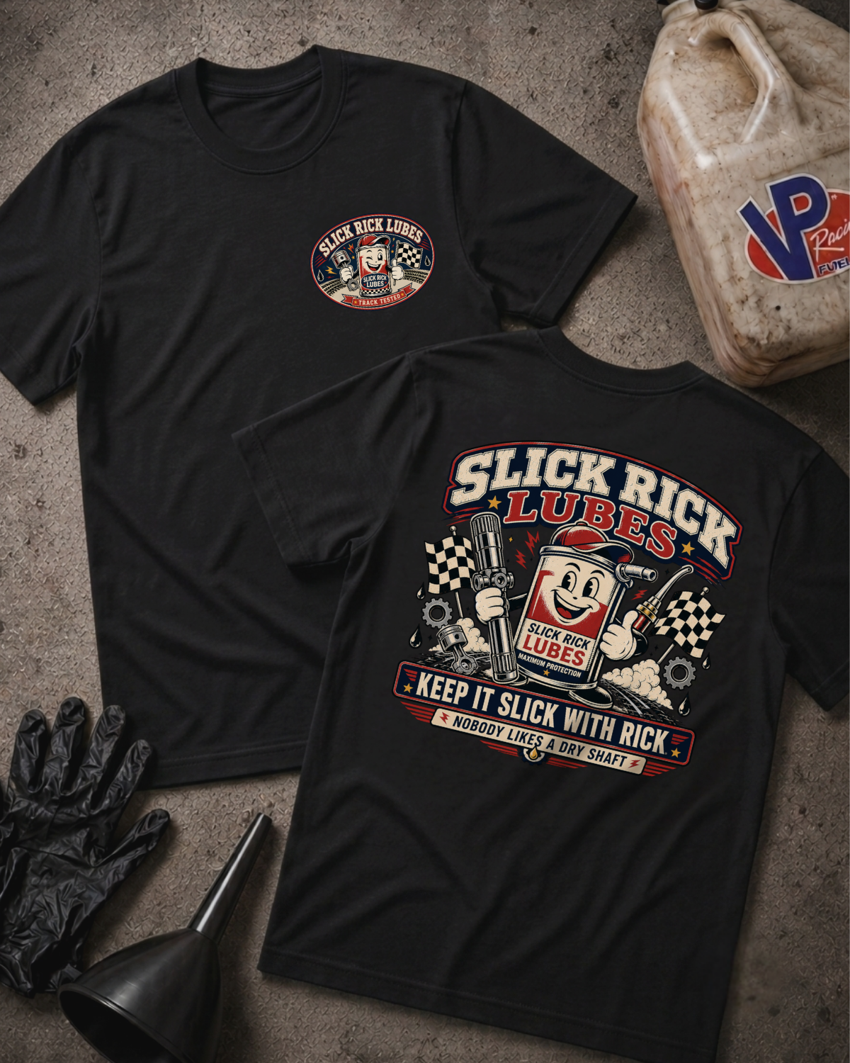 Two black graphic T-shirts laid flat on a textured gray surface, showing the front and back designs. The shirts feature a circular 'Slick Rick Lubes' logo on the front chest and a large retro-style 'Slick Rick Lubes' graphic on the back.