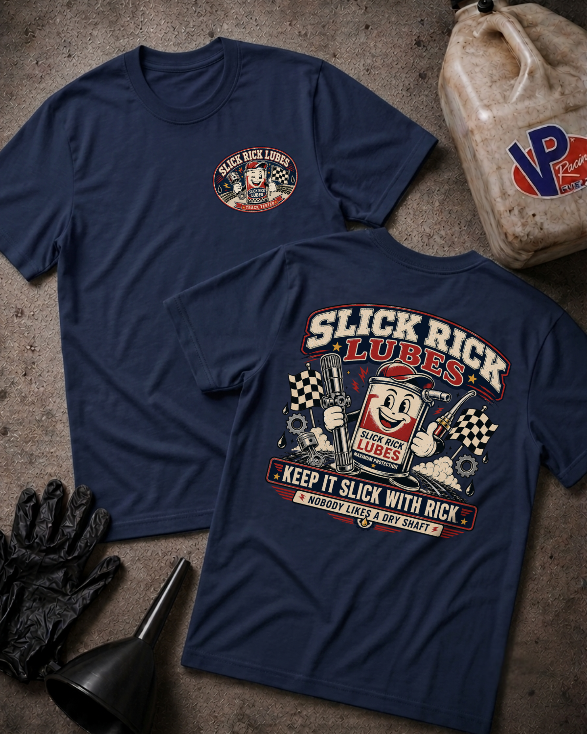 Two navy blue graphic T-shirts laid flat on a textured concrete-like surface, showing both front and back designs for Slick Rick Lubes. The front has a small circular chest logo, and the back has a large vintage-style graphic with the text 'Slick Rick Lubes,' a cartoon mascot, and racing-themed artwork.