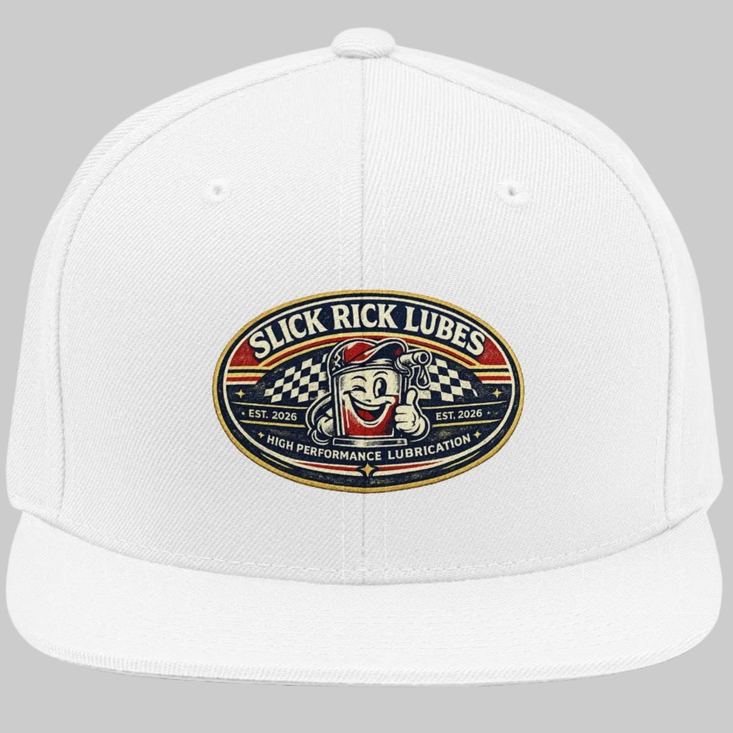 White cap with 'Slick Rick Lubes' logo on a light grey background