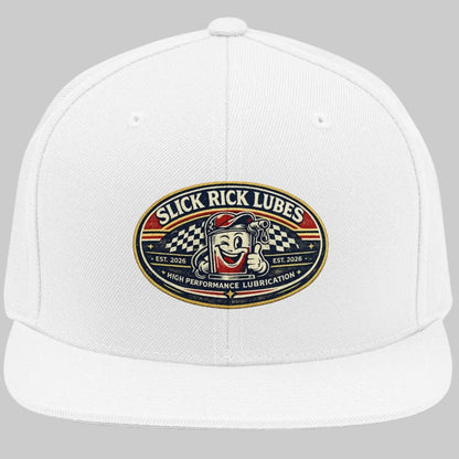 White cap with 'Slick Rick Lubes' logo on a light grey background