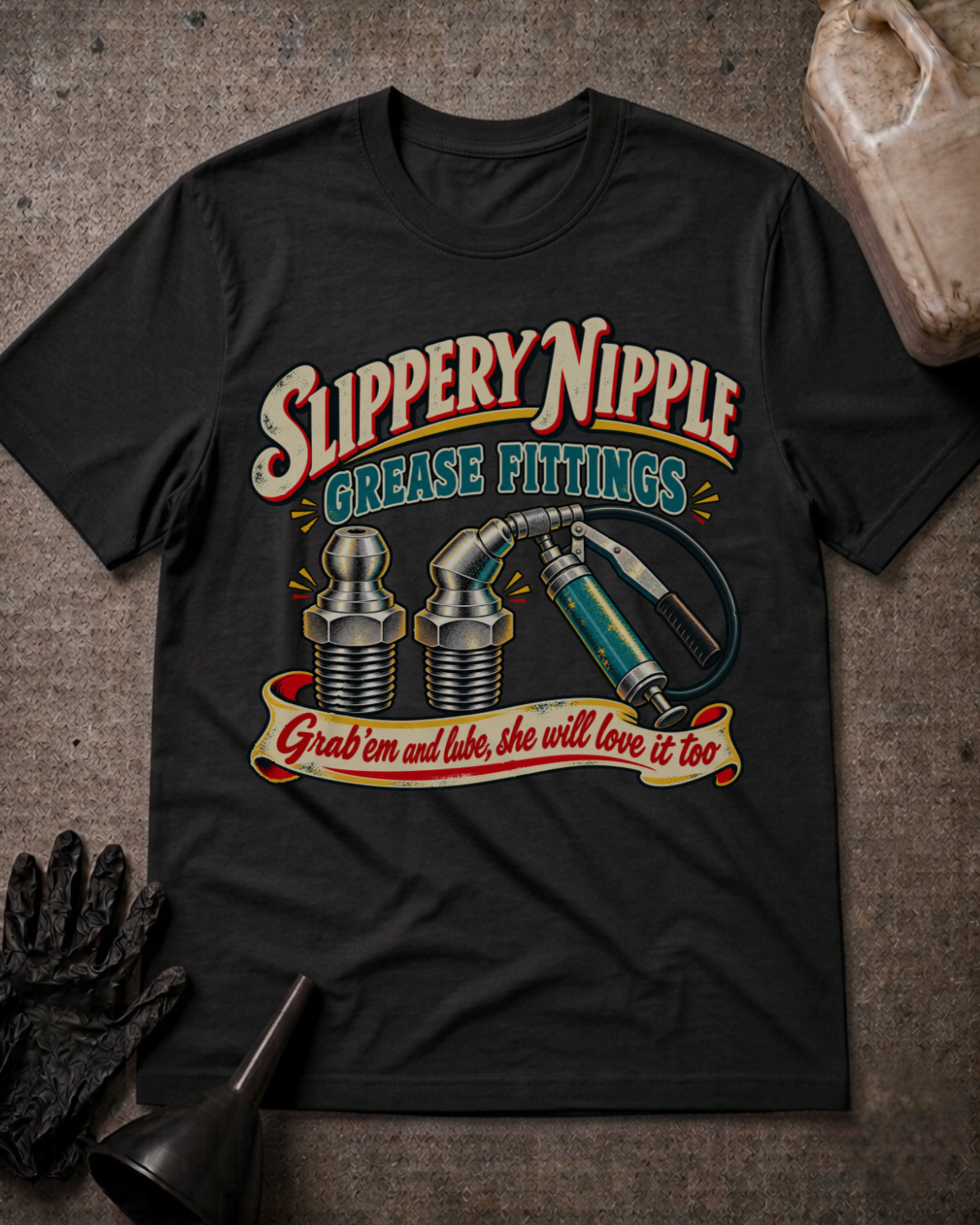 A black graphic t-shirt laid flat on a textured gray surface, featuring a vintage-style design with the words 'Slippery Nipple' and 'Grease Fittings' above illustrations of metal fittings and a grease fitting, with a banner reading 'Grab 'em and lube, she will love it too.' Black gloves and a funnel are placed around the shirt, with a beige plastic jug in the top right corner.