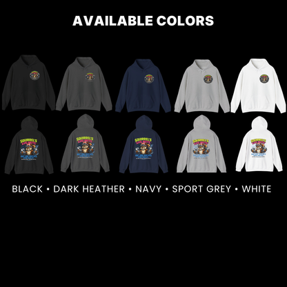 'Squirrel's Lug Nut' hoodie available color chart showing black, dark heather, navy, sport grey, and white