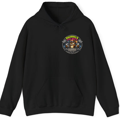 Black hoodie with a colorful graphic on a white background