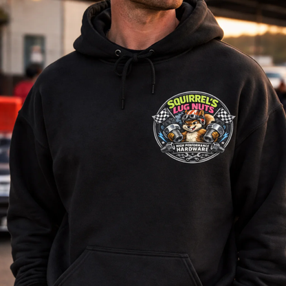 Close up showing the 'Squirrel's Lug Nuts' logo on a black hoodie
