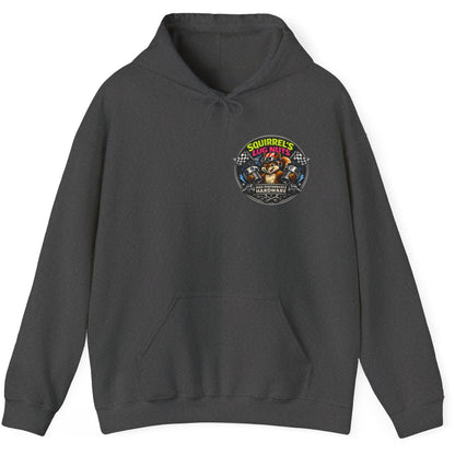Dark heather hoodie with colorful text 'Squirrel's Lug Nuts' on a white background