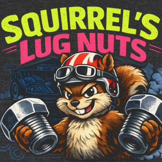 Dark grey heather t-shirt with a graphic of a squirrel holding lug nuts and text close up detail