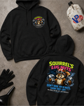 Black hoodie with a graphic of a squirrel holding lug nuts and 'Squirrel's Lug Nuts Don't Hide Your Nuts, Show Them Off Big, Small, or Tall, We Have Them All' text on the back