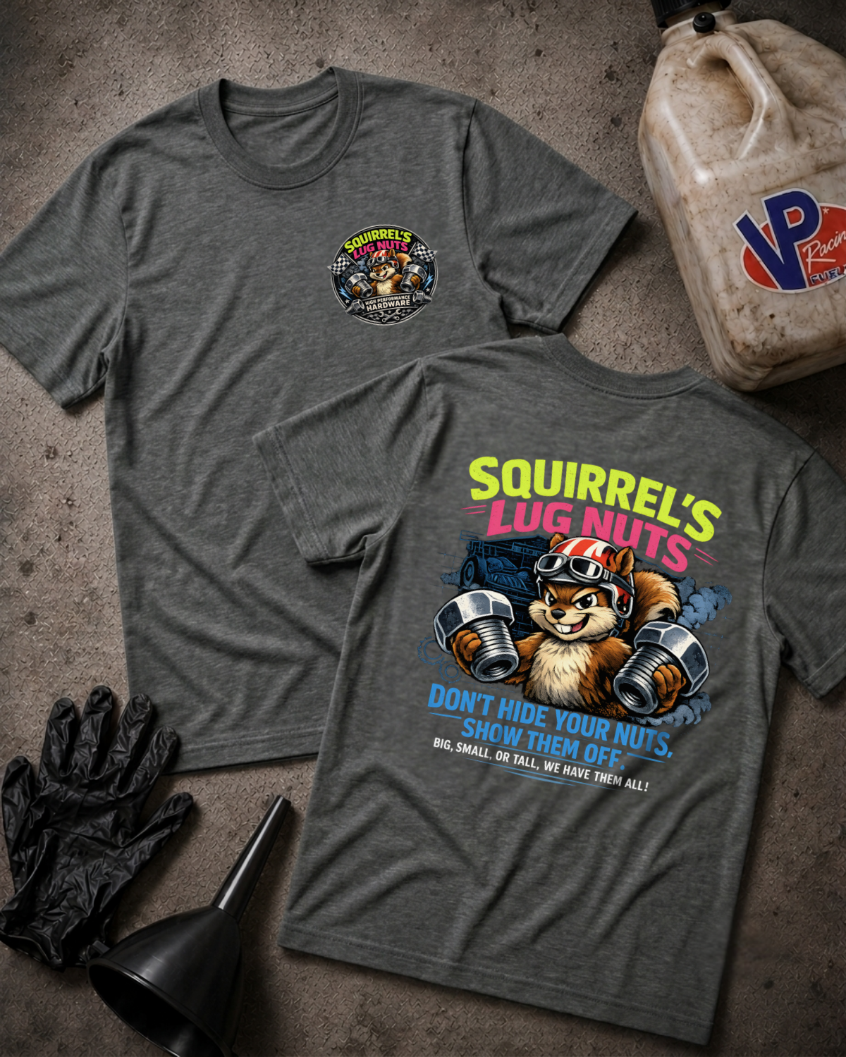 Two heather dark gray graphic t-shirts displayed flat on a textured concrete surface with automotive props. The front shirt features a small circular chest graphic, while the back shirt features a large colorful graphic of a squirrel wearing goggles and holding lug nuts, with the text 'Squirrel's Lug Nuts' and 'DON'T HIDE YOUR NUTS.