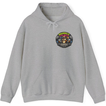 Gray hoodie with a colorful graphic on the chest against a white background