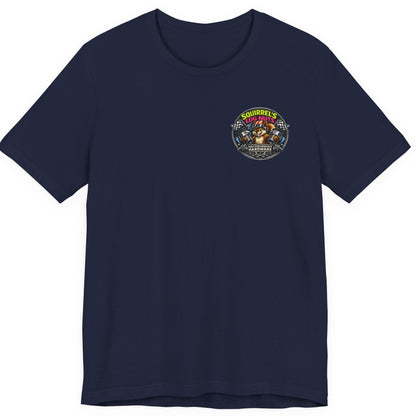 Navy blue t-shirt with a colorful graphic on the chest against a white background