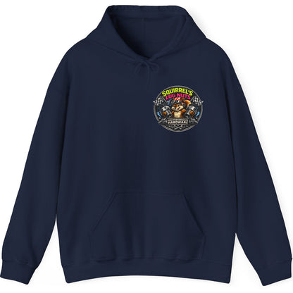 Navy hoodie with a colorful graphic on the chest against a white background