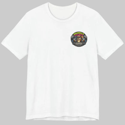White t-shirt with a colorful graphic patch on a white background