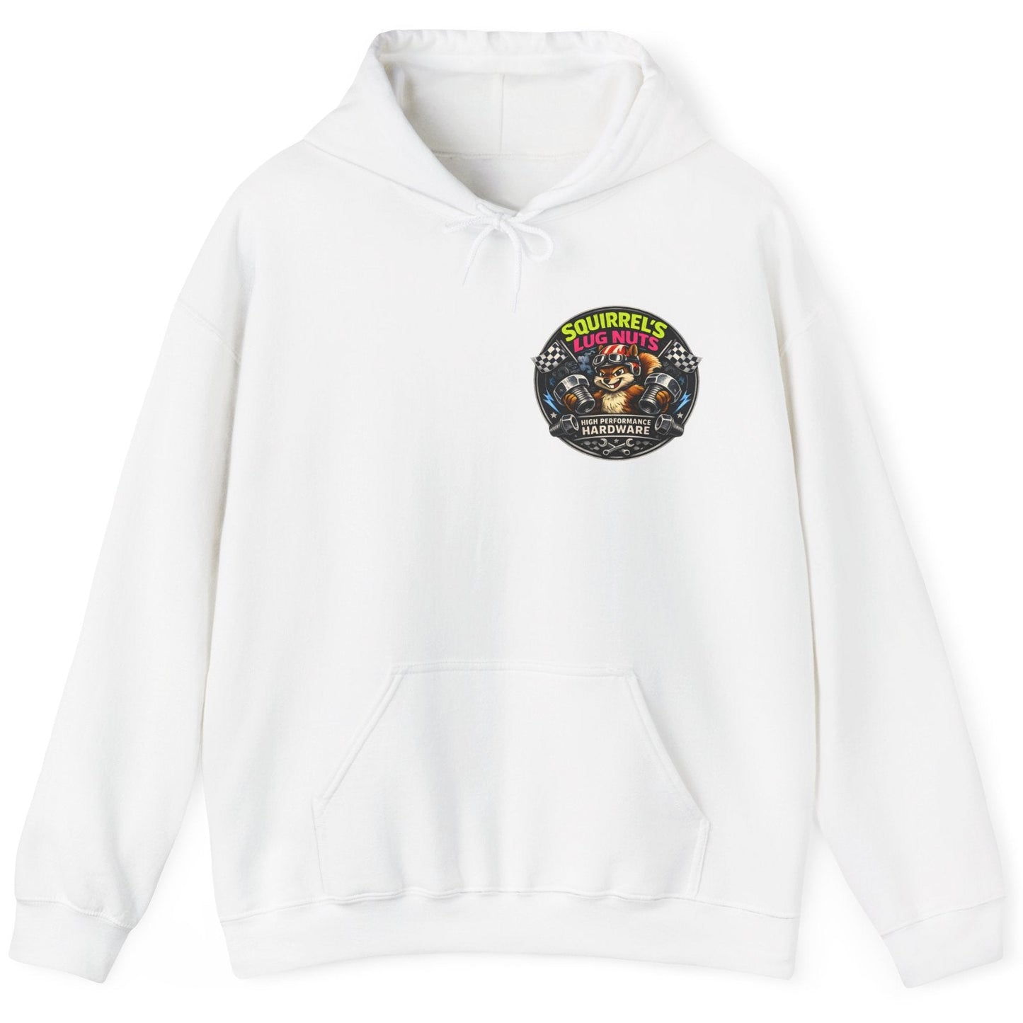 White hoodie with a colorful graphic on the chest against a white background