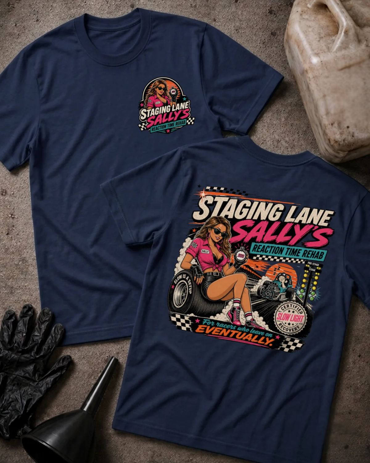 Front and back of Staging Lane Sally’s navy T-shirt with chest logo, woman holding a stopwatch seated on a racing tire, and “For racers who leave on eventually” slogan.