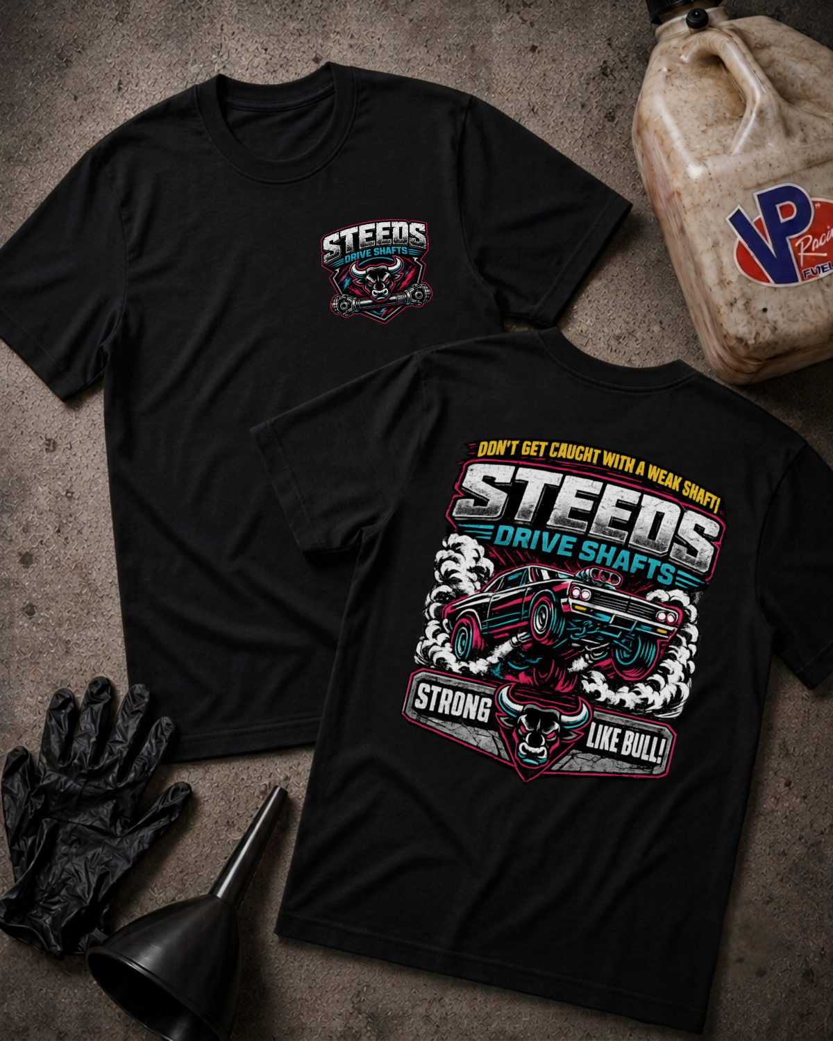 Two black graphic T-shirts laid flat on a textured gray surface, with a large front chest logo on one shirt and a large back graphic on the other. The graphics feature the word STEEDS and a cartoon race car with text including 'STRONG LIKE BULL!'.