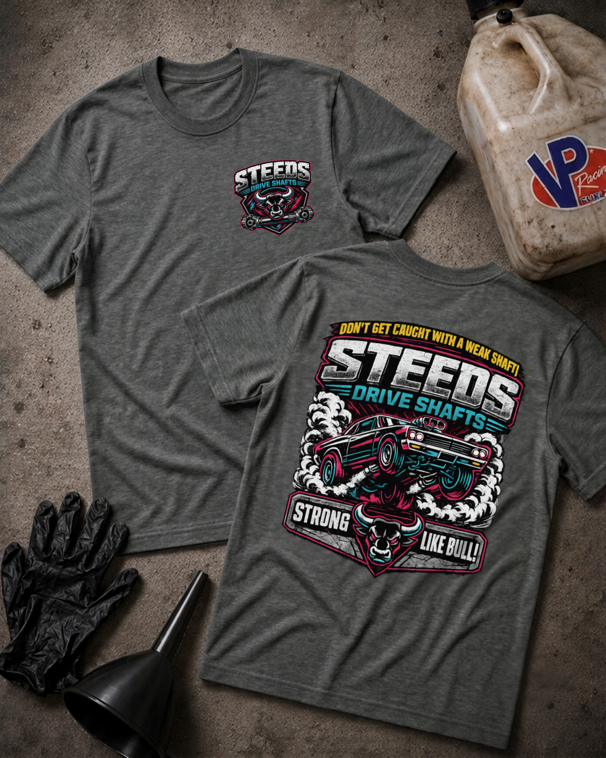 Two heather dark gray graphic T-shirts laid flat on a textured concrete-like surface, showing the front and back designs. The shirts feature Steeds Drive Shafts branding with a truck illustration and bold text.