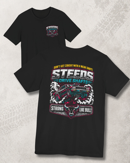 Black t-shirt with 'Steeds Drive Shafts' graphic design on a textured gray background