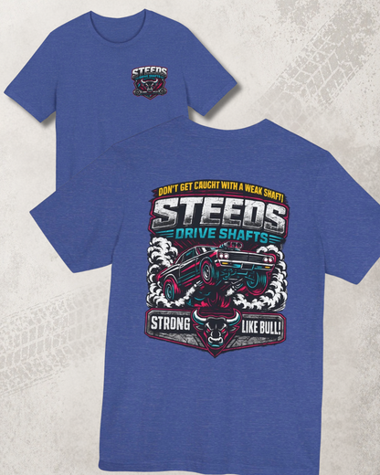 Heather true royal t-shirt with 'Steeds Drive Shafts' graphic design on a textured gray background