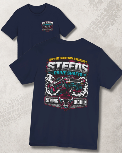 Navy blue t-shirt with 'Steeds Drive Shafts' graphic design and text on a textured gray background