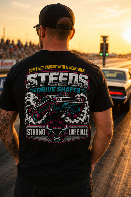 Man wearing a black t-shirt with a graphic design and 'Don't get caught with a weak shaft! Steeds Drive Shafts Strong Like Bull!' text, standing on a racetrack at sunset.