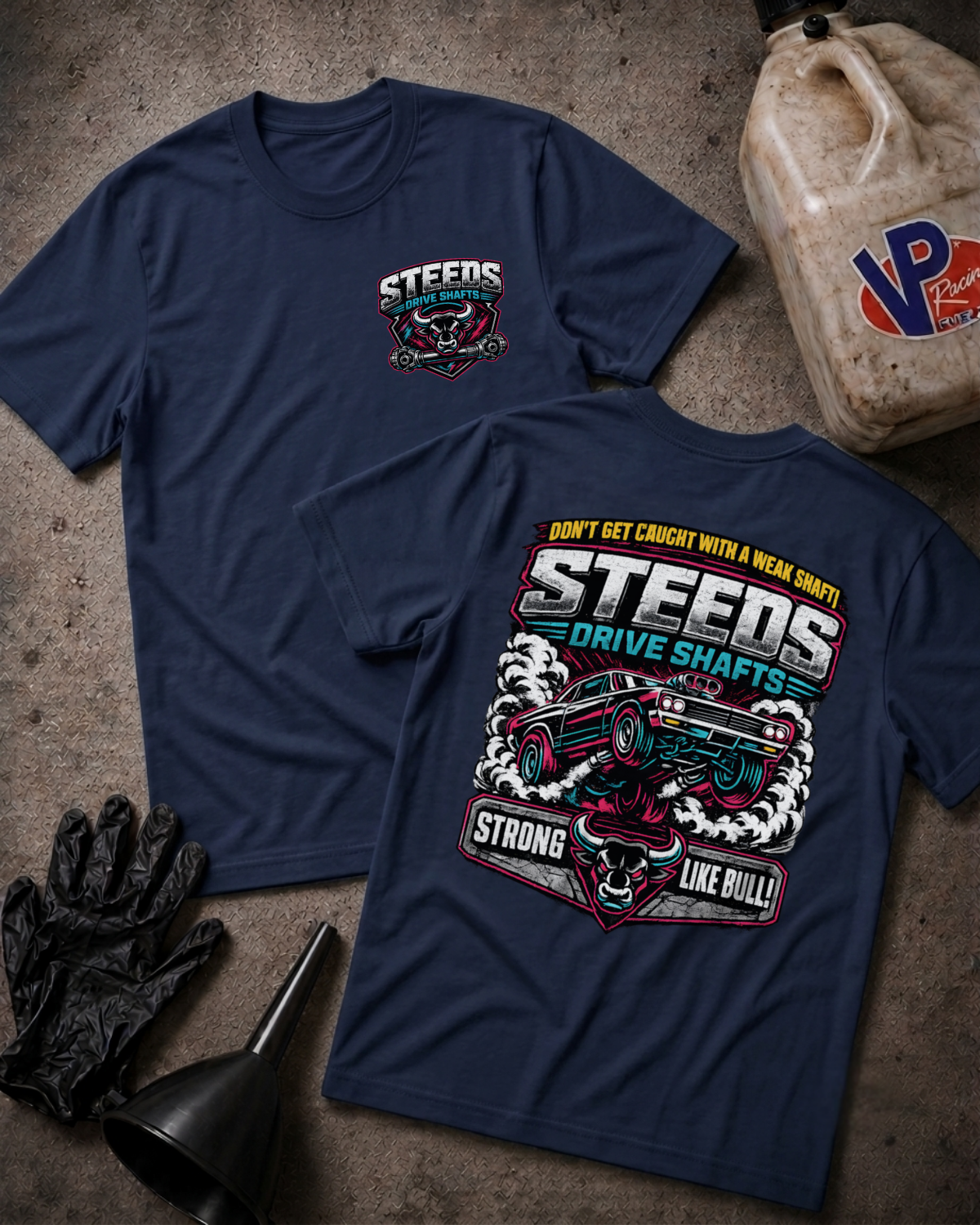 Two navy blue graphic T-shirts laid flat on a textured concrete-like surface, with automotive-themed printed artwork and the word 'STEEDS' visible. One shirt shows the front with a small chest graphic, and the other shows the back with a large multicolor graphic.