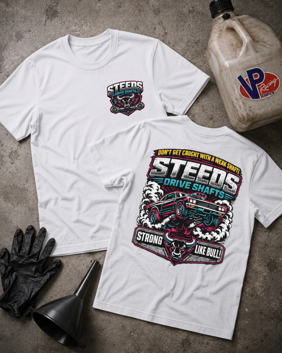 Two white graphic T-shirts laid flat on a gray concrete surface, showing both front and back designs for Steeds Drive Shafts. A black funnel, black gloves, and a plastic oil jug are placed around them as props.