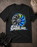 Black T-shirt laid flat with a silver, black and blue turbo wheel graphic, lime accents and bold silver “Still Spooling…” lettering.