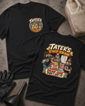 Front and back of Tater’s Chip Draw black T-shirt with chest logo, racers drawing numbered chips beside a race pairings board, and “Draw one. Don’t eat it.” slogan.
