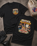 Two black graphic T-shirts laid flat on a textured gray surface, showing the front and back designs for Tater's Chip Draw. The front features a small circular chest graphic, while the back has a large colorful illustration with race car elements and the text 'TATER'S CHIP DRAW' and 'DRAW ONE DON'T EAT IT'.