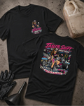Two black short-sleeve T-shirts laid flat on a textured gray surface, showing the front and back designs. The front has a small chest graphic with a driver illustration and the text 'Taylor Shift Racing.