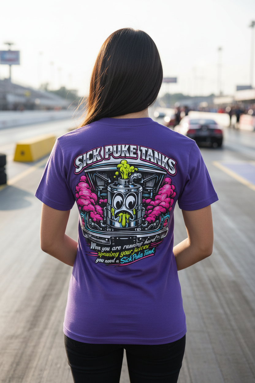 Woman wearing a team purple Bella+Canvas 3001 t-shirt with a colorful graphic design and 'Sick Puke Tanks When you are running hard spewing your juices you need a Sick Puke Tank' text on the back, standing on a drag strip