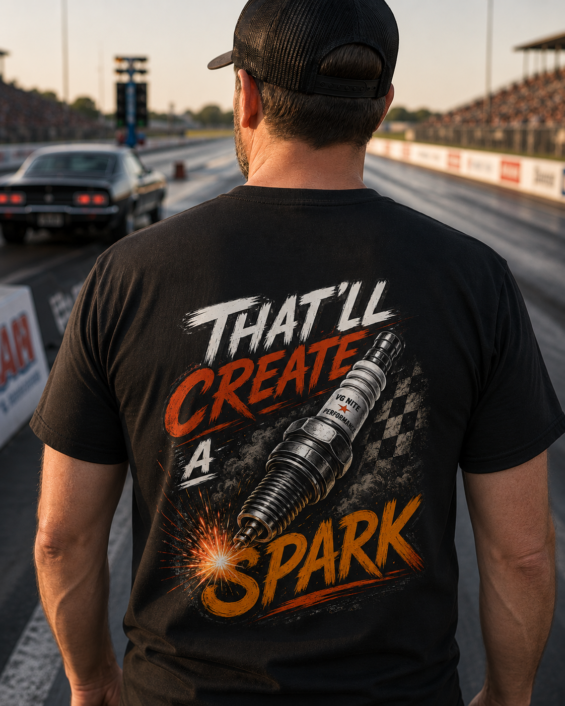 Man wearing a black t-shirt with a graphic and 'That'll create a spark' text on a race track
