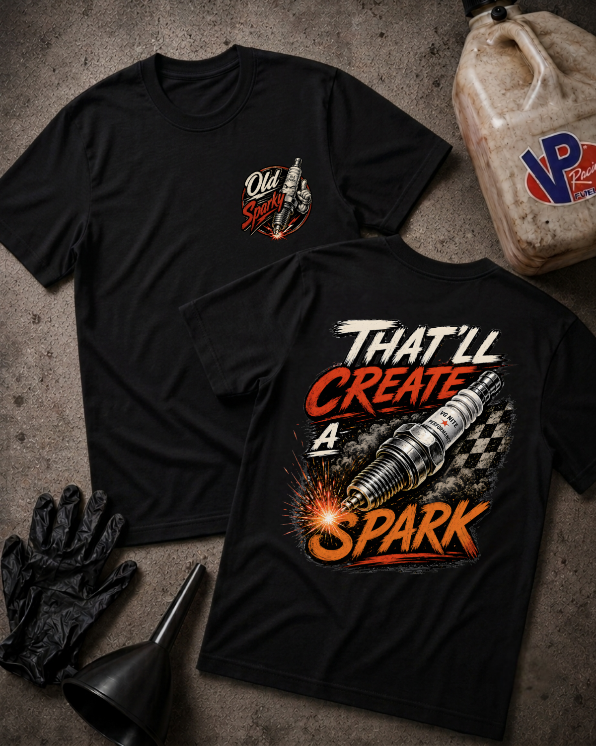 Two black graphic T-shirts laid flat on a textured gray surface, with automotive-themed artwork including a spark plug, flame effect, and the words 'THAT'LL CREATE A SPARK.' Black gloves, a funnel, and a dirty plastic jug are placed around them as styling props.