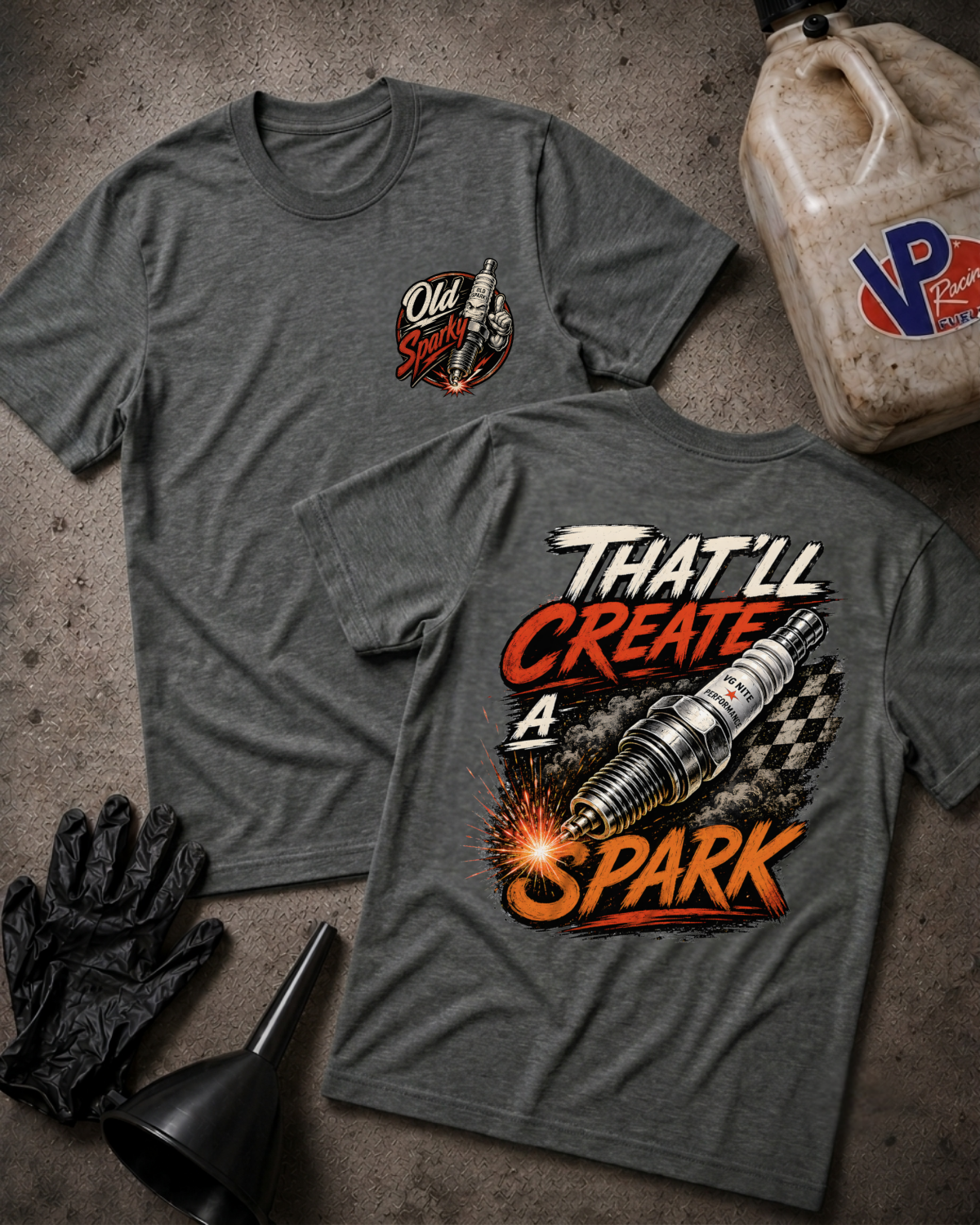 Two heather gray graphic T-shirts laid flat on a concrete surface, with automotive-themed props including black gloves, a black funnel, and a dirty plastic jug. The front shirt shows a small chest graphic reading Old Sparky, and the back shirt has a large spark-themed graphic with the text 'THAT'LL CREATE A SPARK.